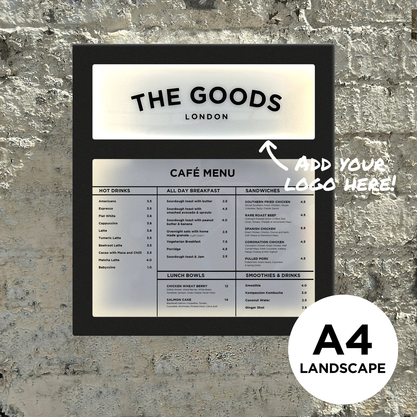 A4 Landscape Black Menu Box with logo