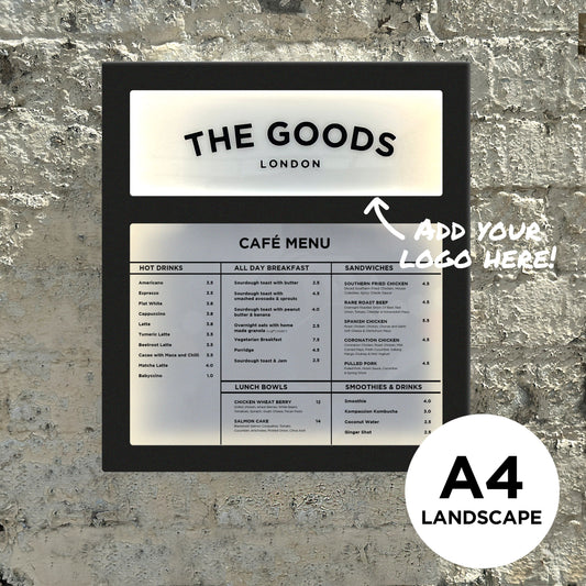 A4 Landscape Black Menu Box with logo