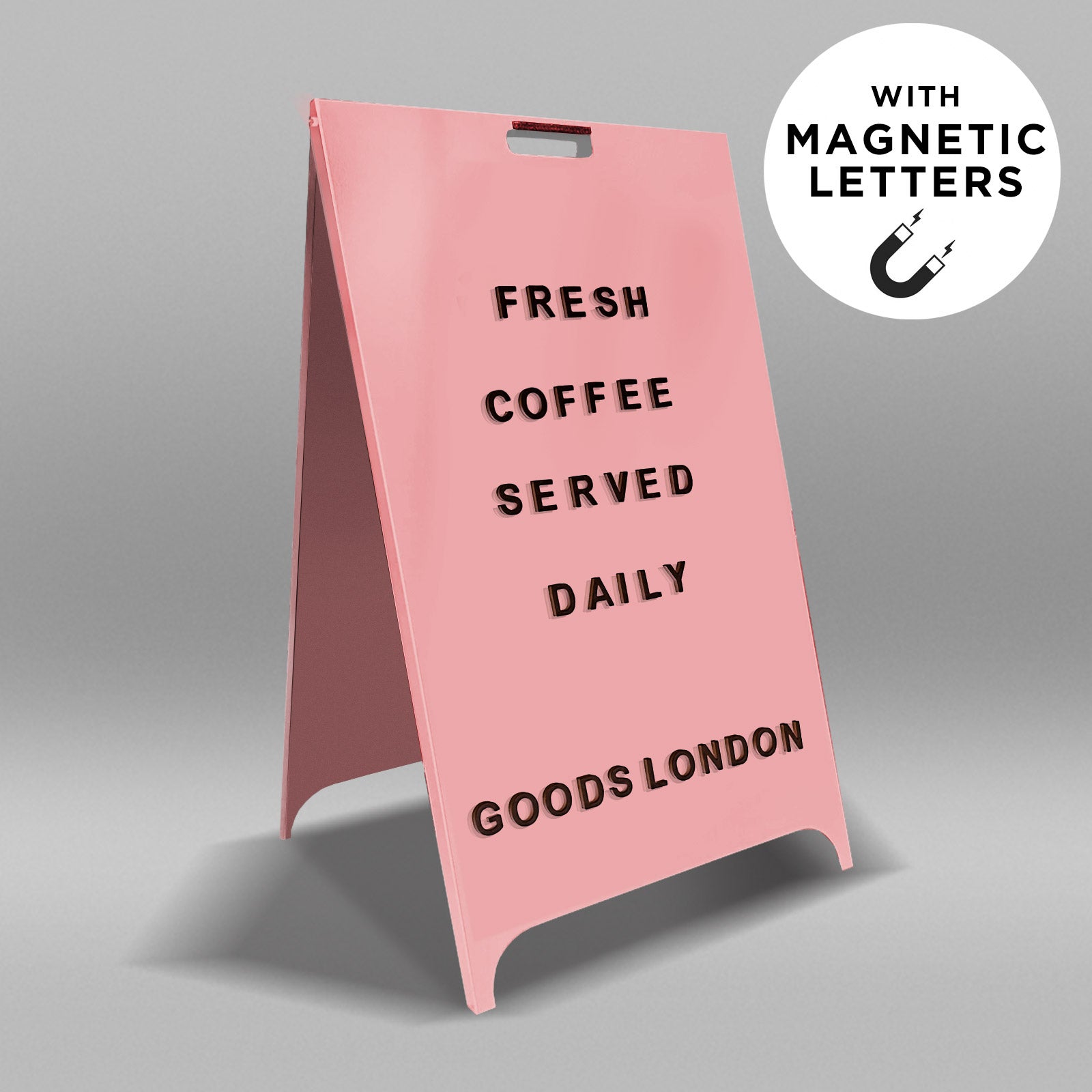 Pink pavement sign with magnetic letters