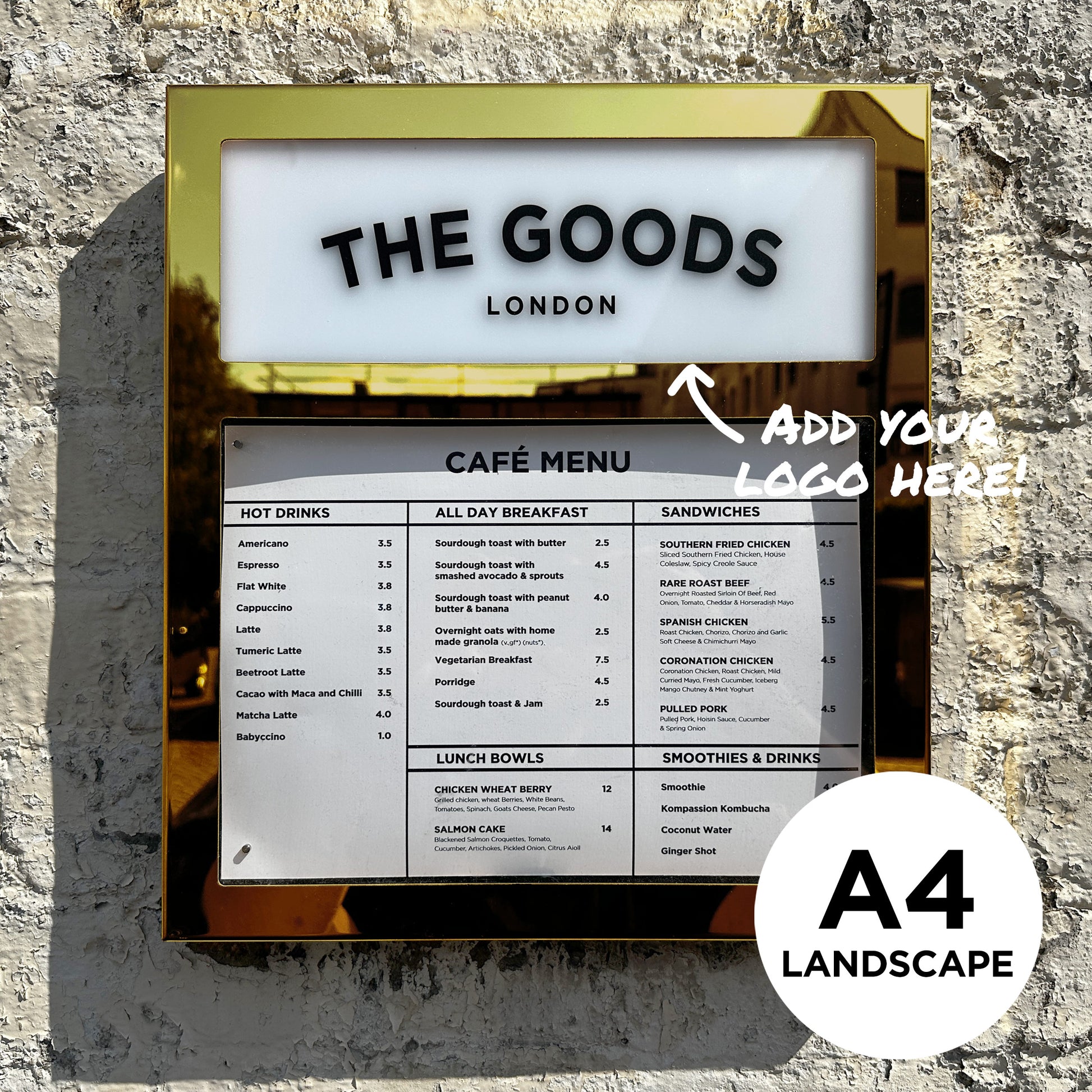 Gold Polished Stainless Steel A4 Menu Case Landscape