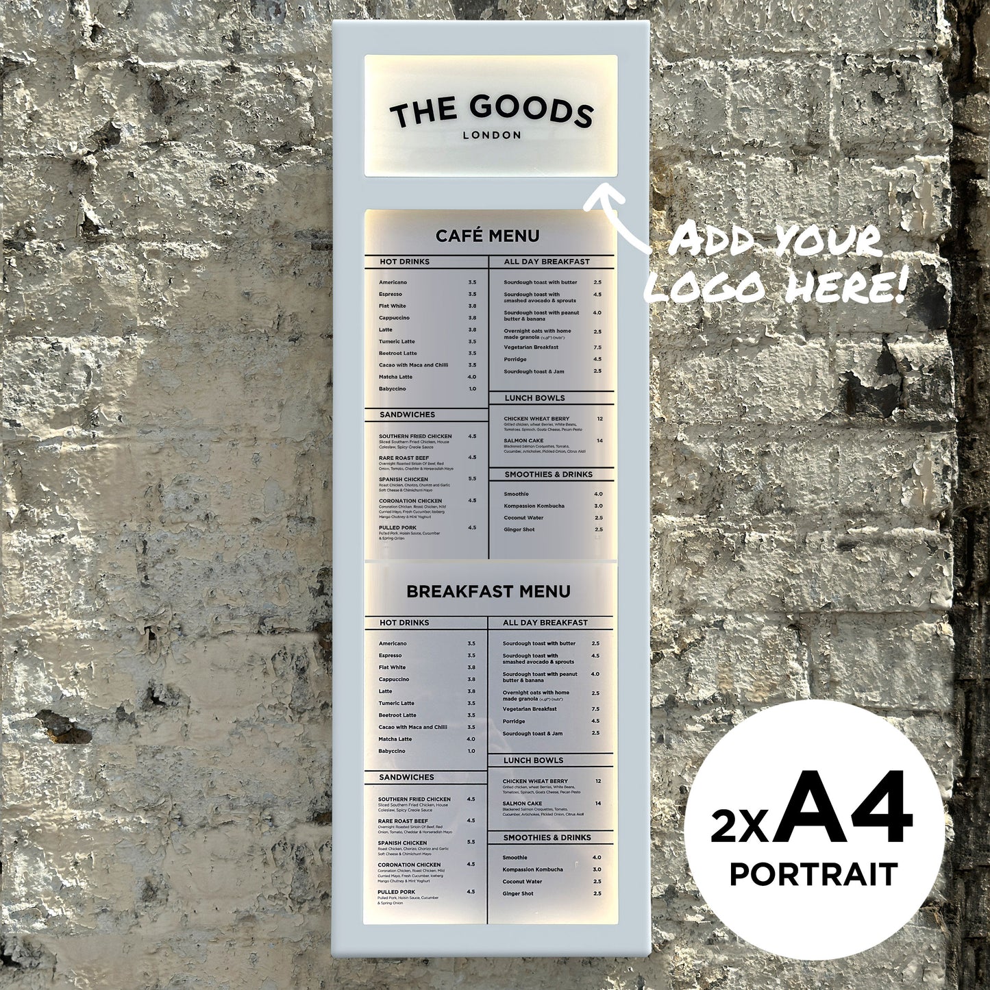 2x A4 portrait white lluminated menu case with logo