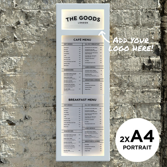 2x A4 portrait white lluminated menu case with logo