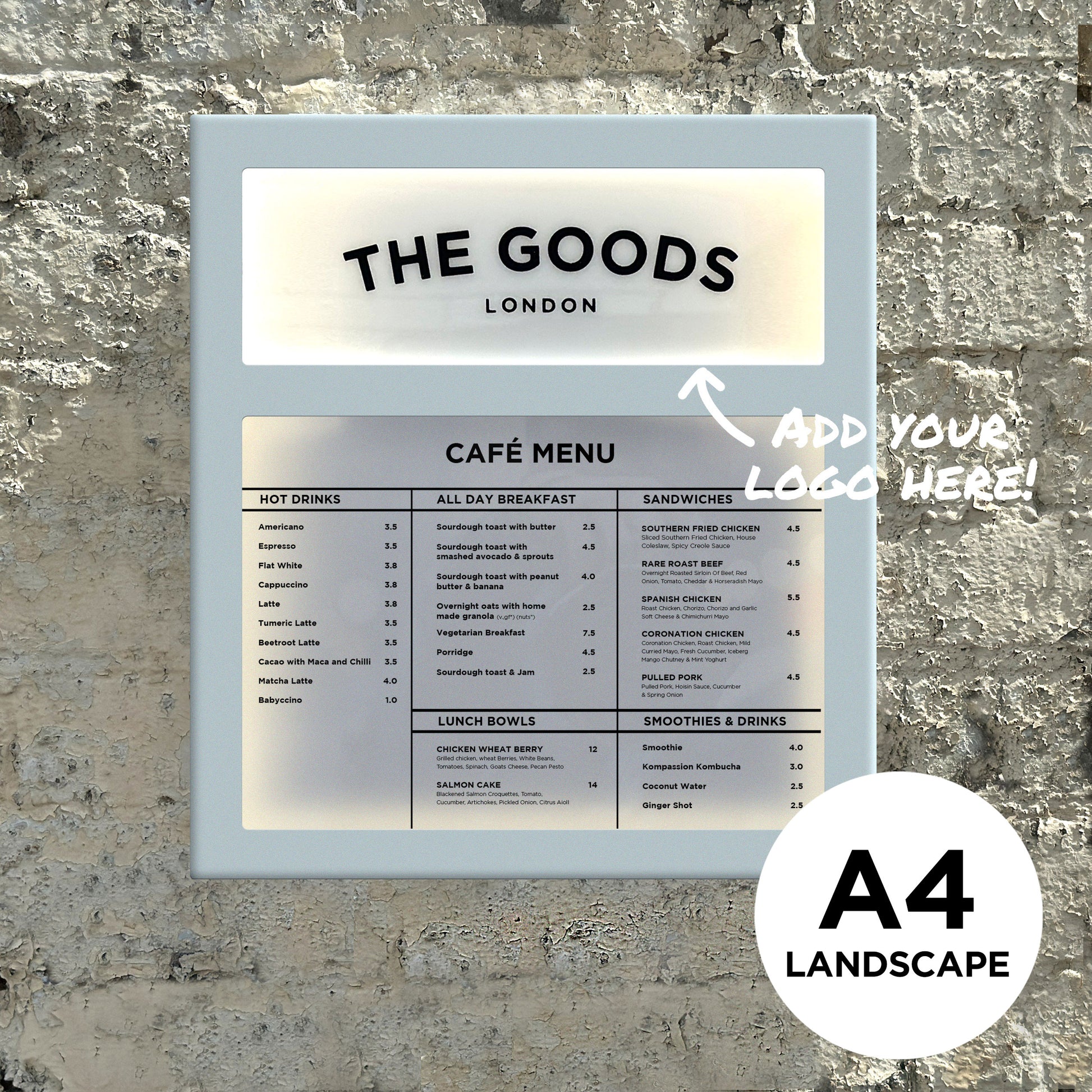 A4 Landscape White Menu Box with logo