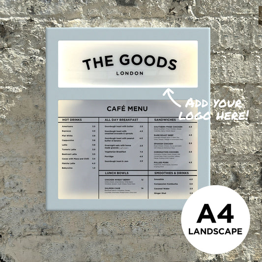 A4 Landscape White Menu Box with logo