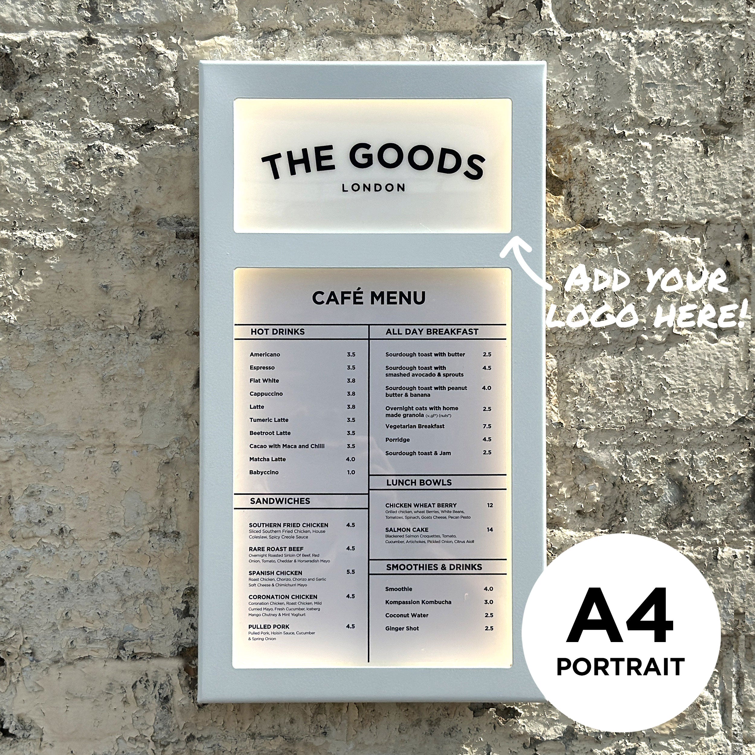 Display Case Menu Rustic illuminated White Menu Case with your brand logo – The Goods London