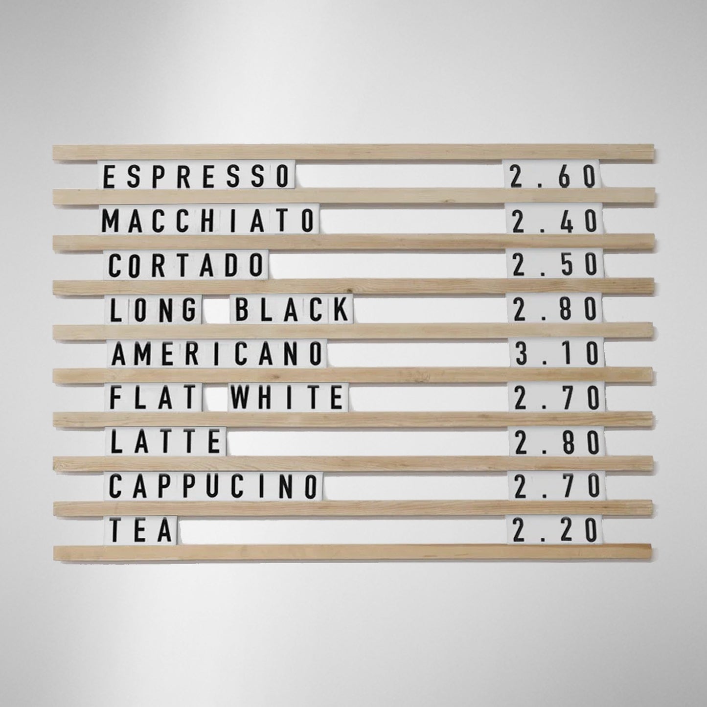 White Letters on Oak Rails - Café Menu